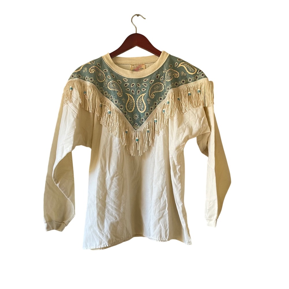 Vintage Southwestern Fashion‎ Womens Long Sleeve Top M Fringe Beaded Paisley